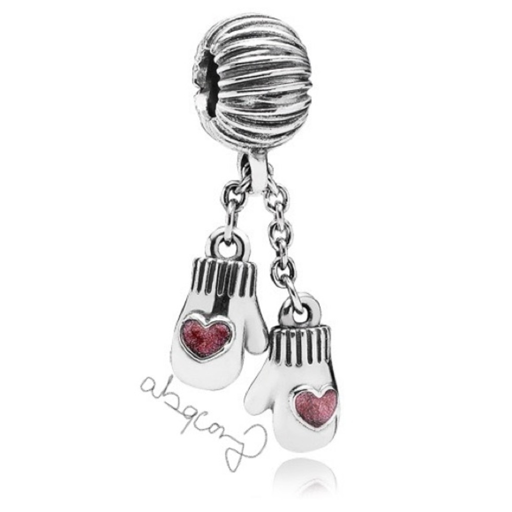 EUC Pandora 791181EN46 Sterling Silver Winter Mittens Dangle Bead w/ Red Enamel
